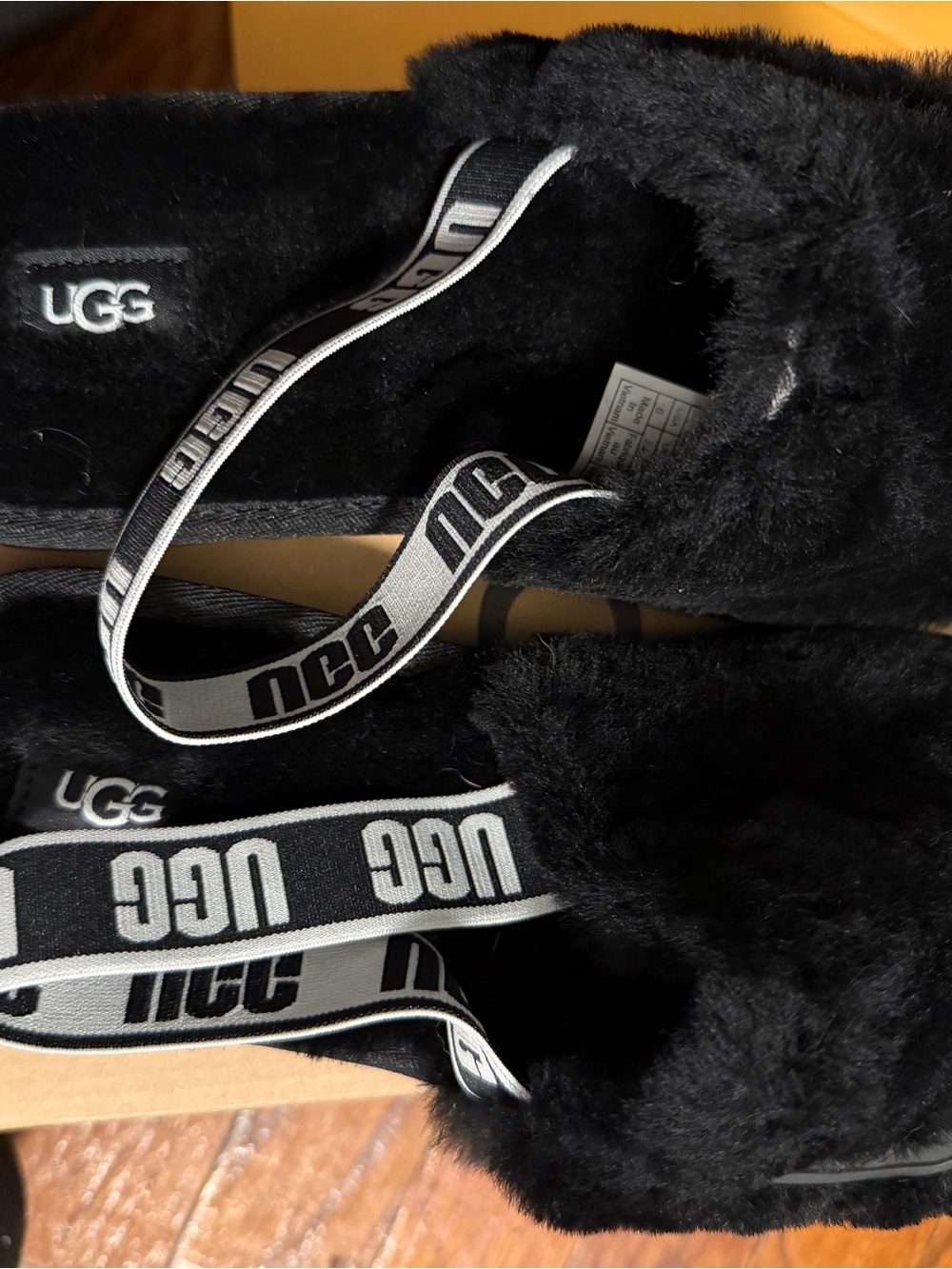 UGG Black Faux Fur Logo Strap Slide Sandals
